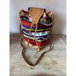 Y2K Hand Loomed Aztec Tapestry Tan Leather Barrel Handbag Boho Festival